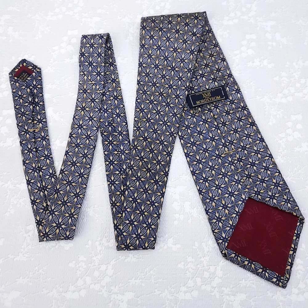 NORDSTOM XMI Silk Tie Blue Gold Geometric Diamond Hand Sewn 57